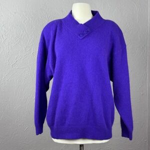 Vintage 80s purple angora lambswool sweater asymmetrical button neck large or XL